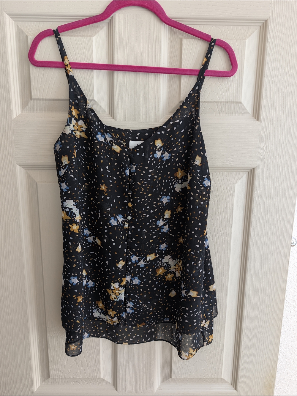 CAbi Black Floral Spaghetti Strap Camisole with Blue and Gold Accents
